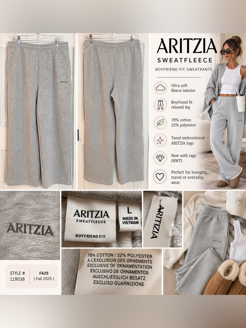 NWT Aritzia Sweatfleece Boyfriend Sweatpants Gray Size L